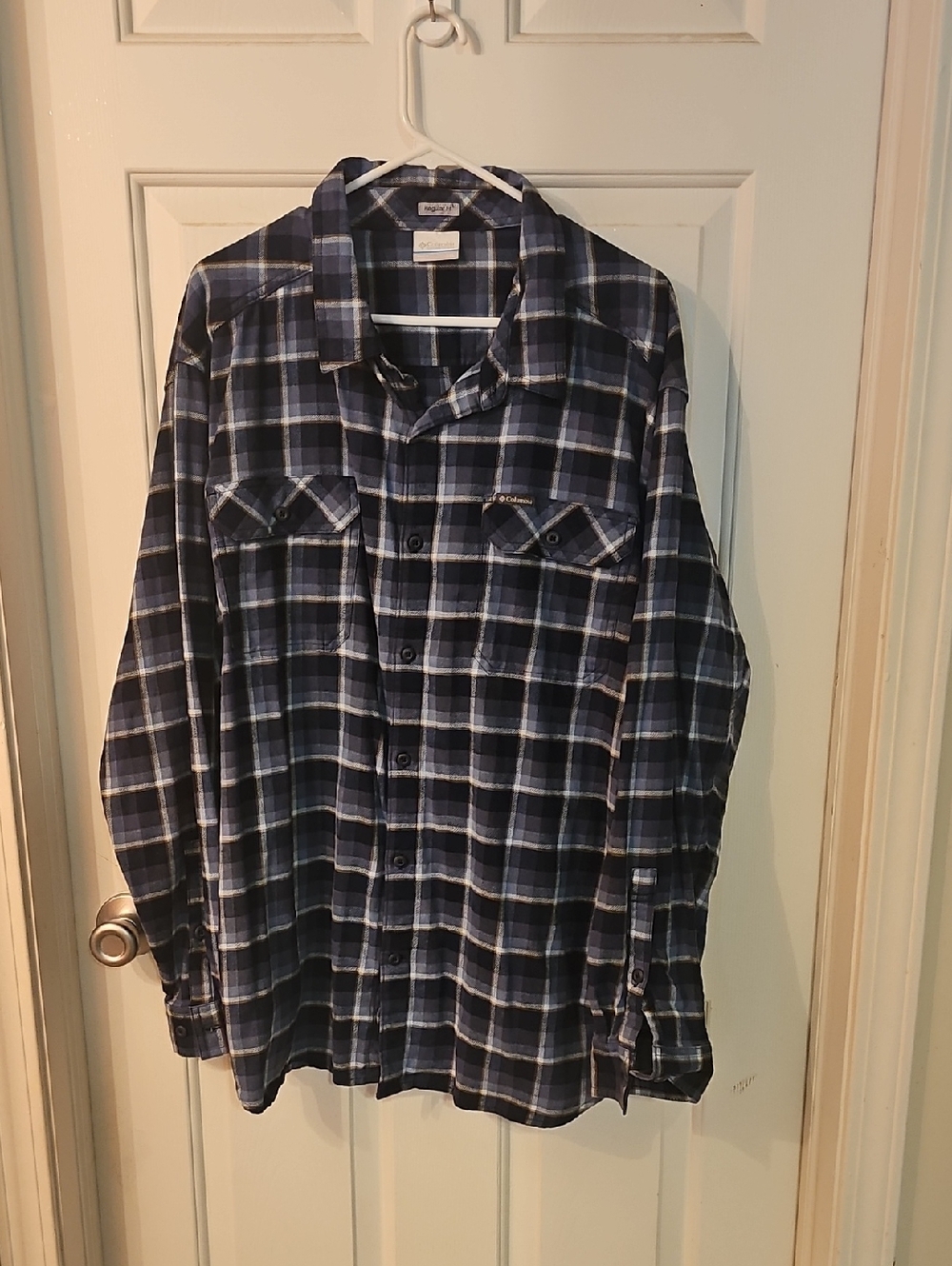 Columbia Men's Blue and White Plaid Button-Down Shirt